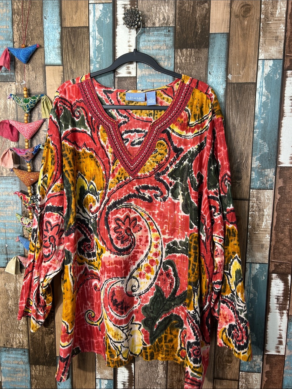 Liz & Me Red Paisley V-Neck Tunic with Mustard and Olive Accents